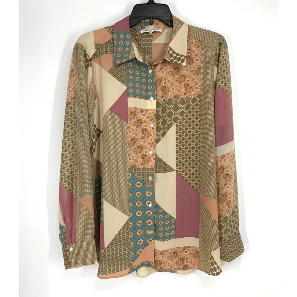 Rose + Olive Top Button Down Patchwork Printed Long Sleeve